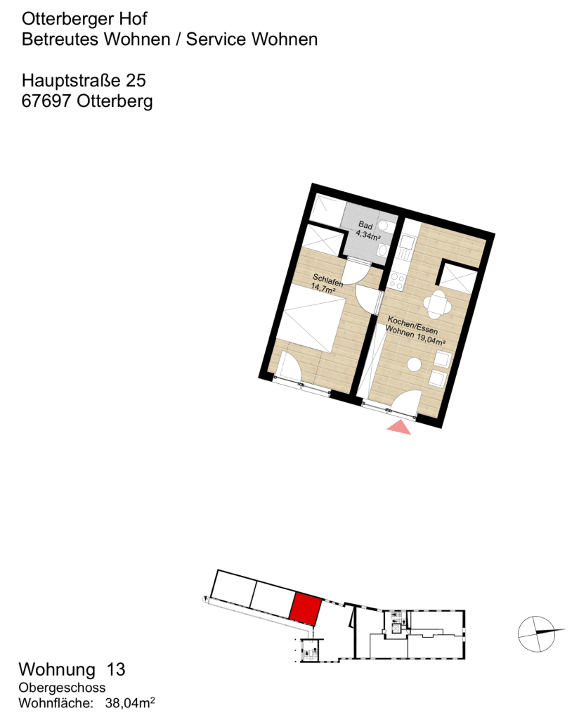 Grundriss Wohnung 13 im Obergeschoss mit 38,04 m² Wohnfläche