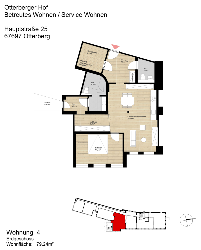 Grundriss Wohnung 4 im Erdgeschoss mit 79,24 m² Wohnfläche